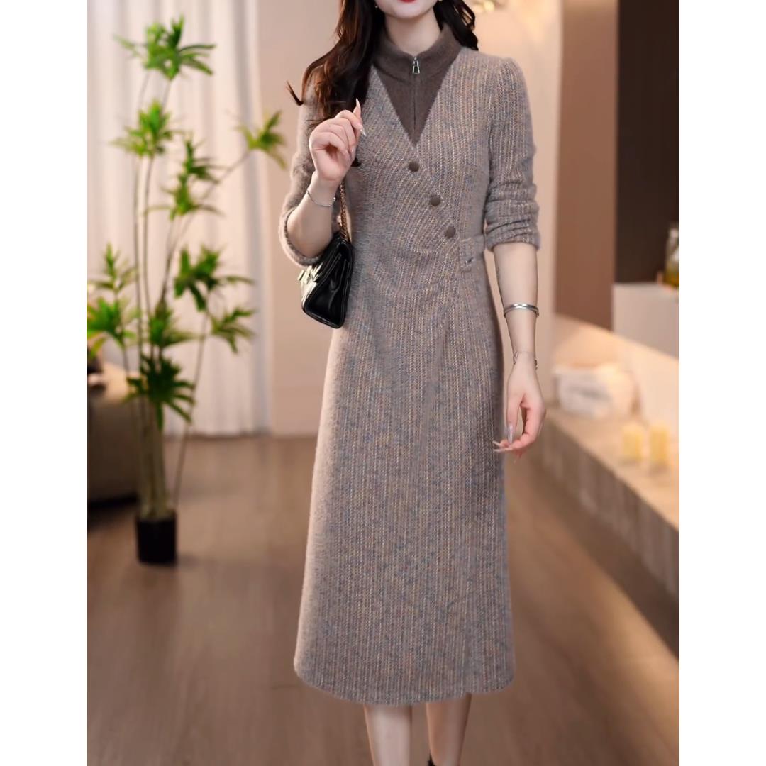 优雅时尚高领连衣裙女2025秋冬新款女士气质收腰显瘦减龄中长裙子