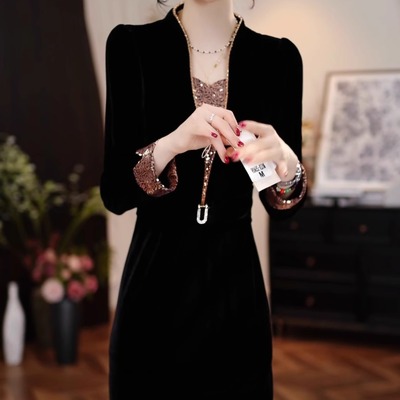 高级卡丹绒女人味洋气礼服裙2025秋季新款开叉收腰显瘦百搭打底裙