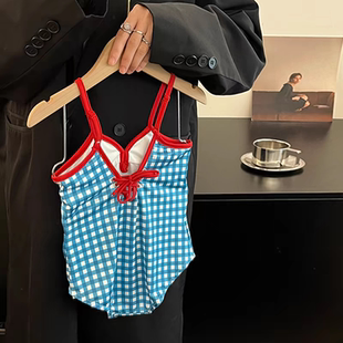 洋气女童装 时尚 格子系带露肩设计连体游泳衣 新款 宝宝泳衣2026夏季