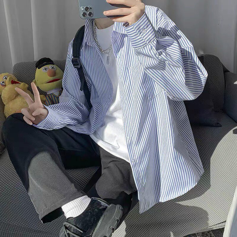 日系蓝白条纹衬衫男春秋季长袖衬衬衫