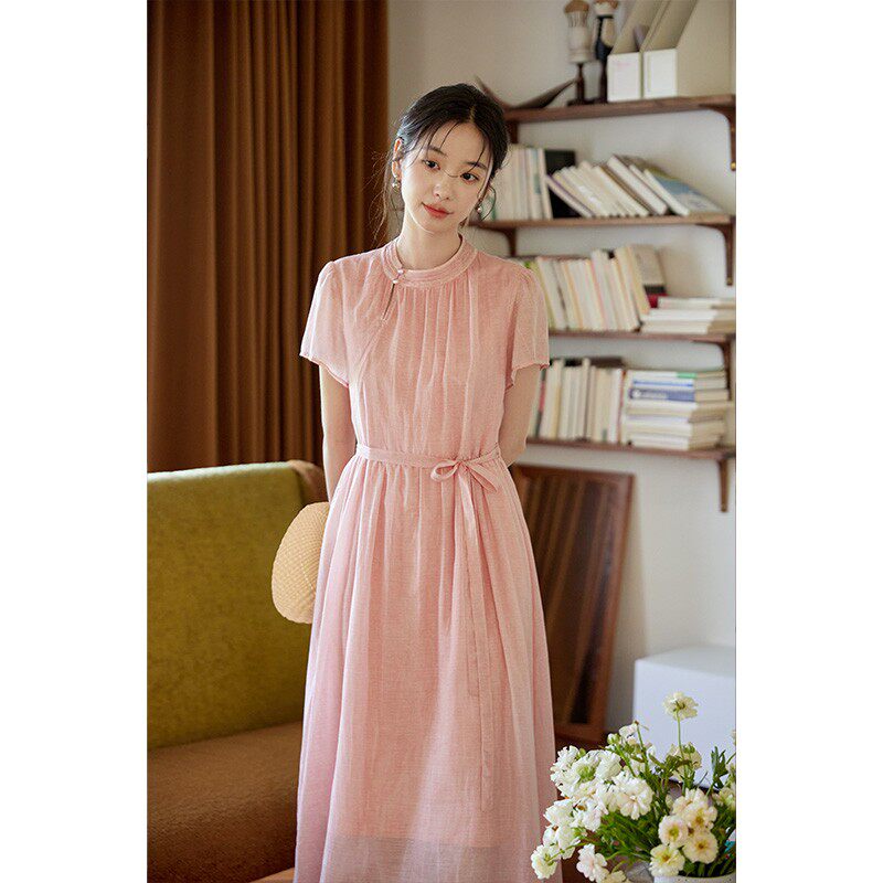 粉色压褶圆领天丝连衣裙女夏季复古收腰显瘦中长款裙子