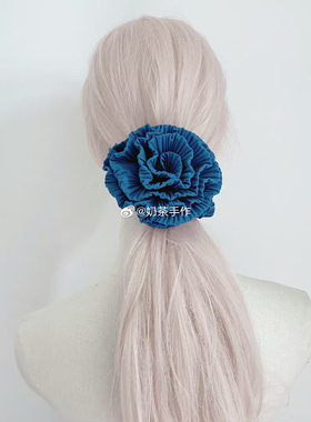 原创设计蓝色褶皱花朵发夹头饰边夹鸭嘴夹发圈