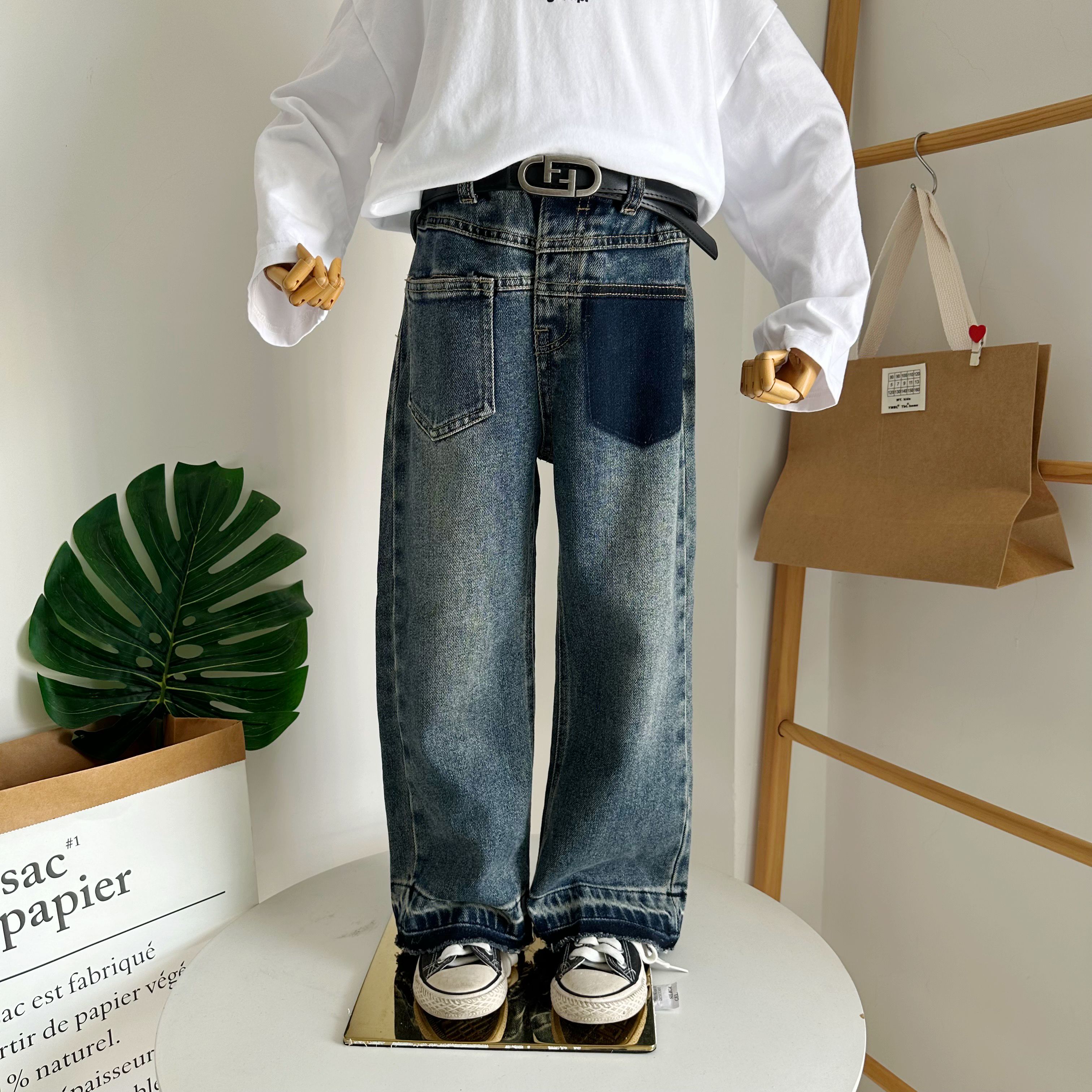 哈比诺长裤棉直筒牛仔裤阔腿裤