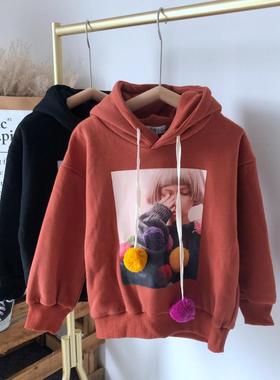 啦芙L童装秋冬女童薄绒连帽卫衣可爱风彩色球套头宽松上衣6706