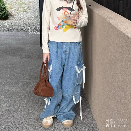 花花童装秋女童直筒阔腿牛仔长裤