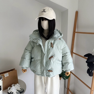 品牌童装2025冬季新款女童牛角扣90白鸭绒连帽羽绒服短款保暖外套