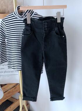 米莱女童高腰牛仔裤秋装新款韩版洋气小脚修身弹力长裤83511