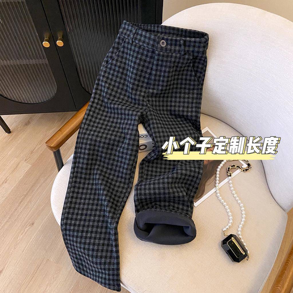 薇薇安 藏青色加绒加厚格子阔腿裤女冬150小个子高腰直筒毛呢裤子