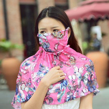 夏季女款超大护颈口罩透气户外防尘防紫外线蕾丝雪纺防晒披肩品牌