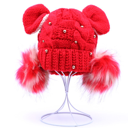 韩国可爱女生猫耳朵帽子女冬天恶魔角保暖针织帽韩版大球球毛线帽