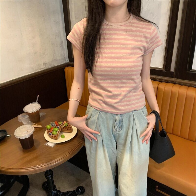 夏新款女大童撞色短袖T恤修身图片