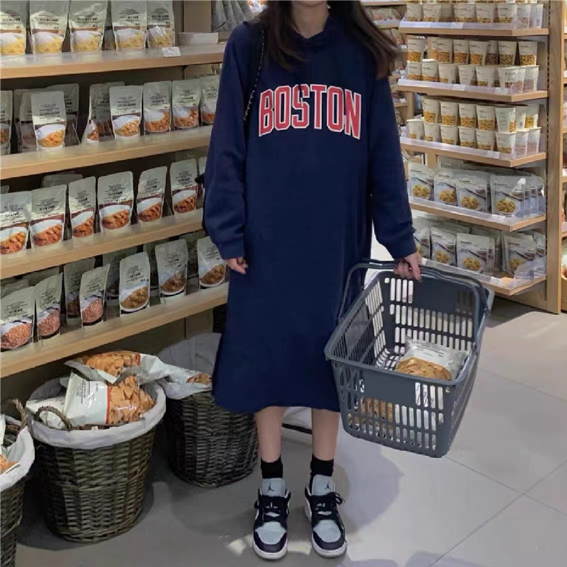 开叉上衣加厚连帽卫衣长裙女秋冬大码宽松显瘦长款过膝加绒连衣裙