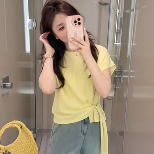 健身女孩夏季瑜伽服速干短袖透气跑步上衣绑带收腰宽松显瘦运动T