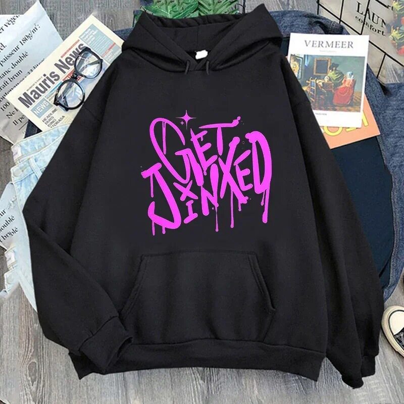 Jinx-Arcane 女士连帽衫酷炫图案印花 漫画美学街头带帽抓绒卫衣