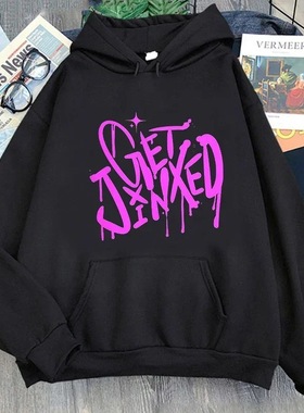 Jinx-Arcane 女士连帽衫酷炫图案印花 漫画美学街头带帽抓绒卫衣