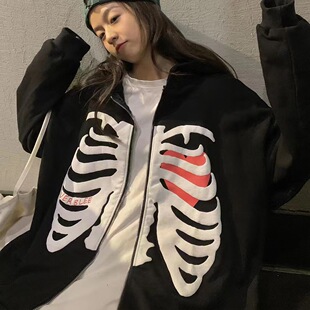 2023新款开衫卫衣骷髅胸骨印花连帽衫春秋抓绒hoodie外套发泡现货