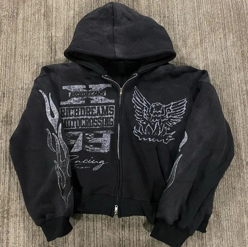 街头嘻哈星星girl印花黑色拉链连帽衫女 2022 y2k 原宿外套卫衣女