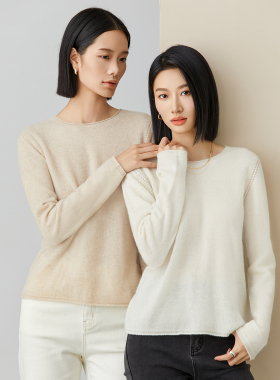 素韧100%纯山羊绒毛衣女秋冬圆领宽松镂空针织衫女套头打底衫