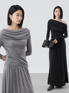 SOORAM轻奢天丝羊毛高级感纸片人套装女春秋一字肩上衣垂感半身裙