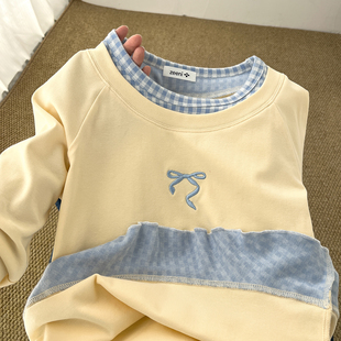 撞色格子拼接蝴蝶结刺绣假两件打底衫 T恤上衣女 修身 自制好货分享