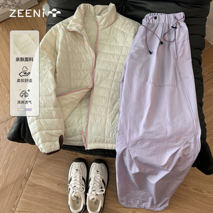 套装 立领棉服外套女多巴胺紫粉速干休闲裤 轻量化户外时尚 ZEENI