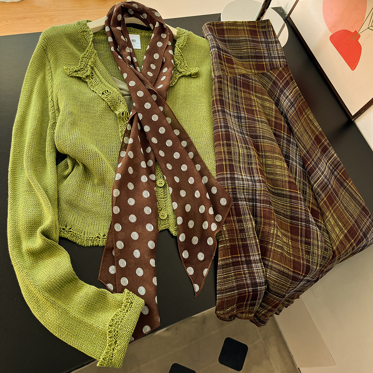 古早味辣妹！绿色针织开衫叠穿吊带背心波点丝巾格子半身裙女套装,女装/女士精品,时尚套装,淘宝优惠券,粉丝福利购,淘宝优惠卷