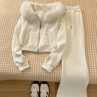 独特漂亮冬装!韩系运动风毛领连帽开衫卫衣女休闲裤大方得体套装