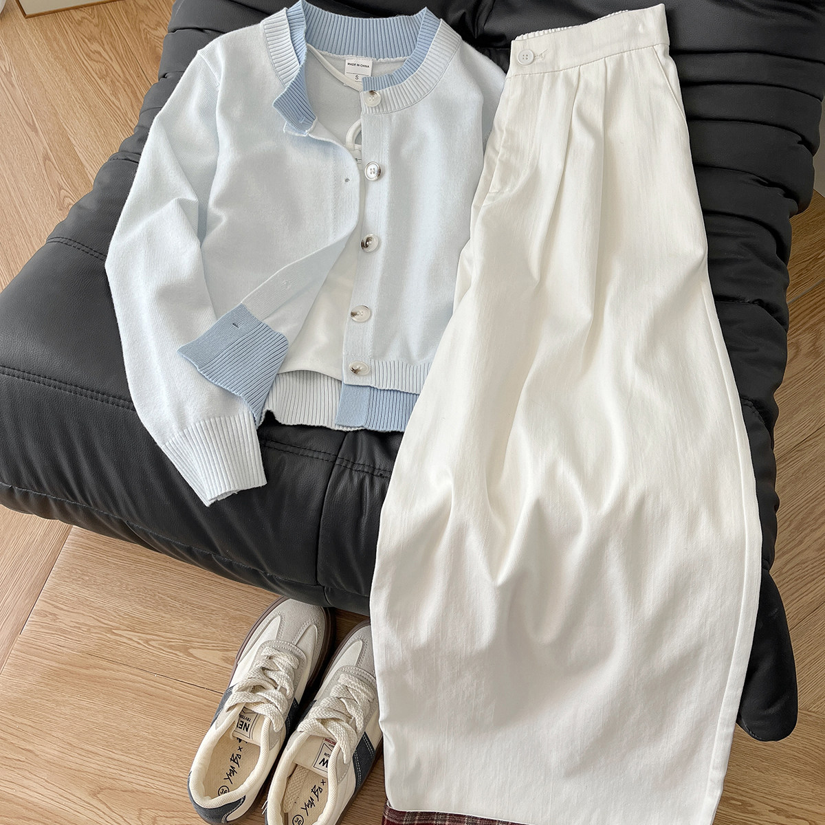 韩系乖乖女！浅蓝色针织开衫女高腰显瘦宽松休闲长裤2025早秋套装,女装/女士精品,时尚套装,淘宝优惠券,粉丝福利购,淘宝优惠卷