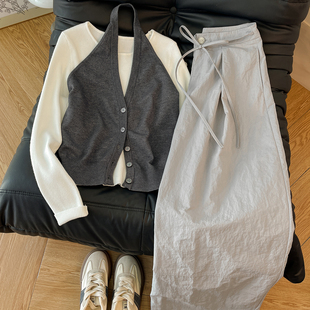 长期主义通勤穿搭！马甲挂脖背心长袖t恤女休闲阔腿长裤减龄套装