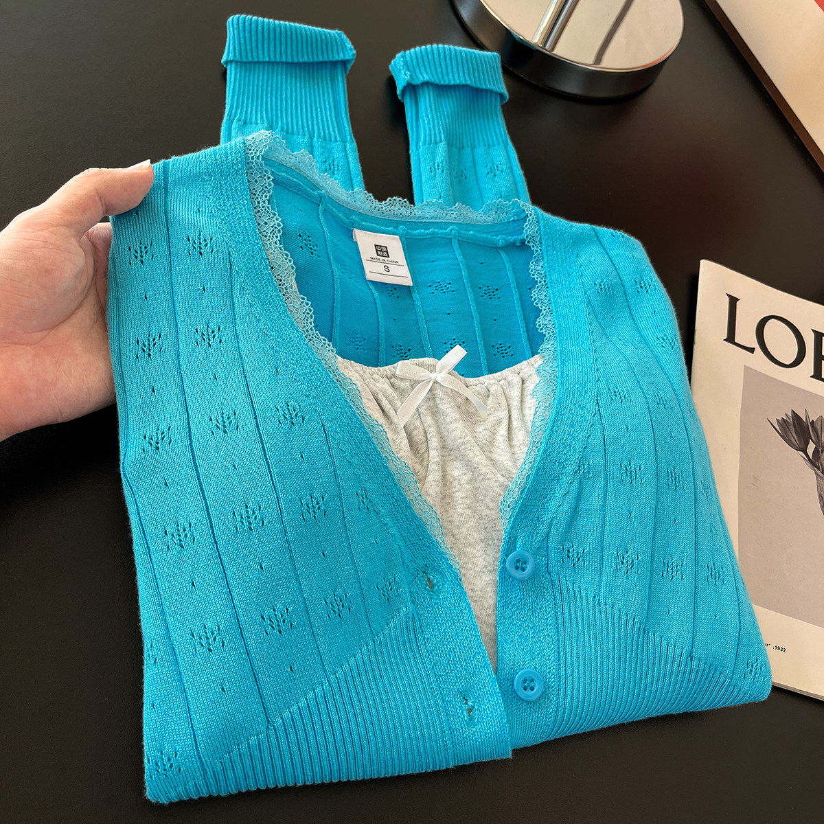 显白套装秋冬穿搭！多巴胺纯欲蓝色V领针织开衫外套女吊带小背心,女装/女士精品,时尚套装,淘宝优惠券,粉丝福利购,淘宝优惠卷