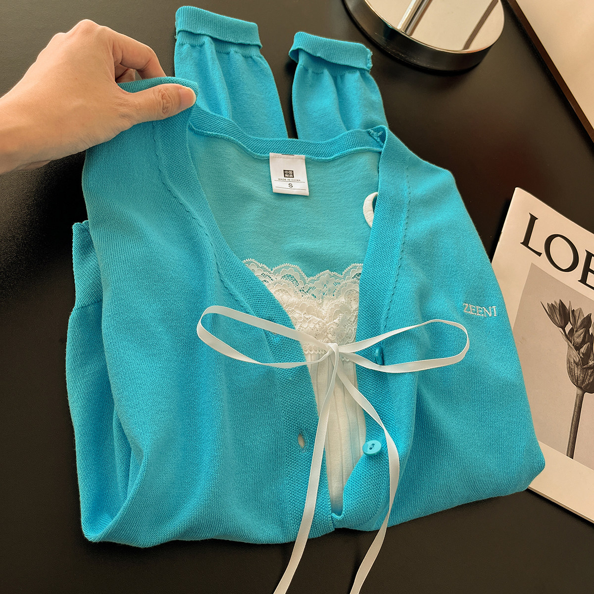 氧气松弛！韩系多巴胺蓝色针织开衫女蕾丝拼接系带小吊带早秋套装,女装/女士精品,时尚套装,淘宝优惠券,粉丝福利购,淘宝优惠卷