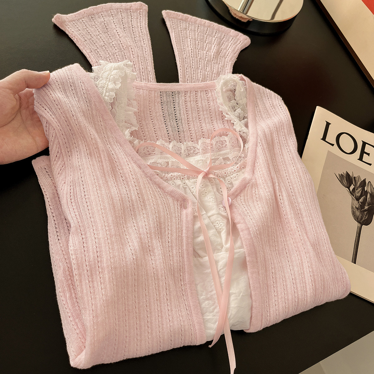 早秋氛围感穿搭！温柔粉色针织开衫女蕾丝拼接小吊带减龄好看套装,女装/女士精品,时尚套装,淘宝优惠券,粉丝福利购,淘宝优惠卷