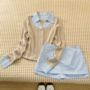 高校优等生！假两件拼接条纹长袖衬衫女A字短裙韩系穿搭秋季套装