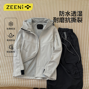 ZEENI 户外软壳防风连帽冲锋衣外套女三防速干裤登山徒步运动套装
