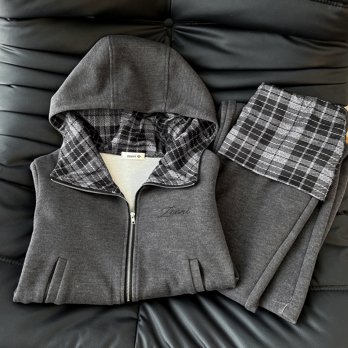 实穿战士！假两件连帽卫衣开衫短外套女格纹拼接休闲运动长裤套装,女装/女士精品,时尚套装,淘宝优惠券,粉丝福利购,淘宝优惠卷