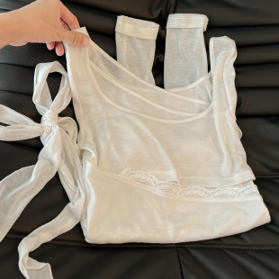 早秋超好看单穿上衣 t恤女白色可内搭外穿 蕾丝边系带蝴蝶结长袖