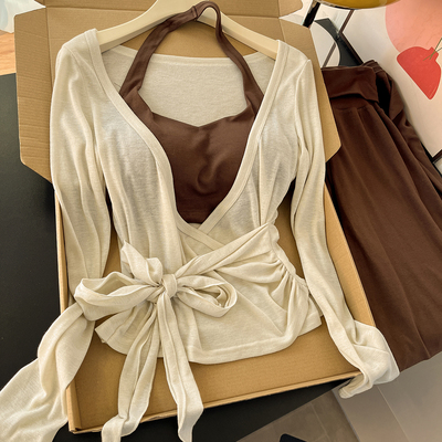 欲系嗲妹！气质V领挂脖抹胸系带收腰长袖上衣女休闲长裤早秋套装