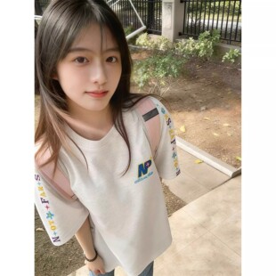 2026新款彩色字母刺绣正肩短袖女夏季宽松初中高中学生情侣装上衣