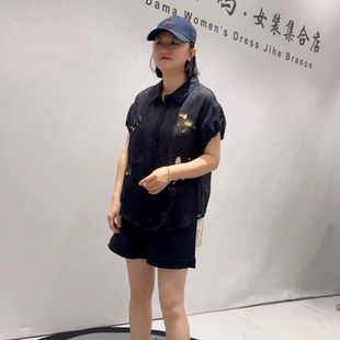 女装 3313女权贵族夏季 胖妹妹显瘦上衣 加大码 衬衫 新款 欧货棉麻短袖
