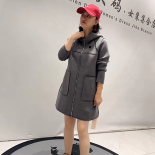 3629芮娜依莲秋季新款欧货中长款连帽外套加大码女装胖妹妹开衫女