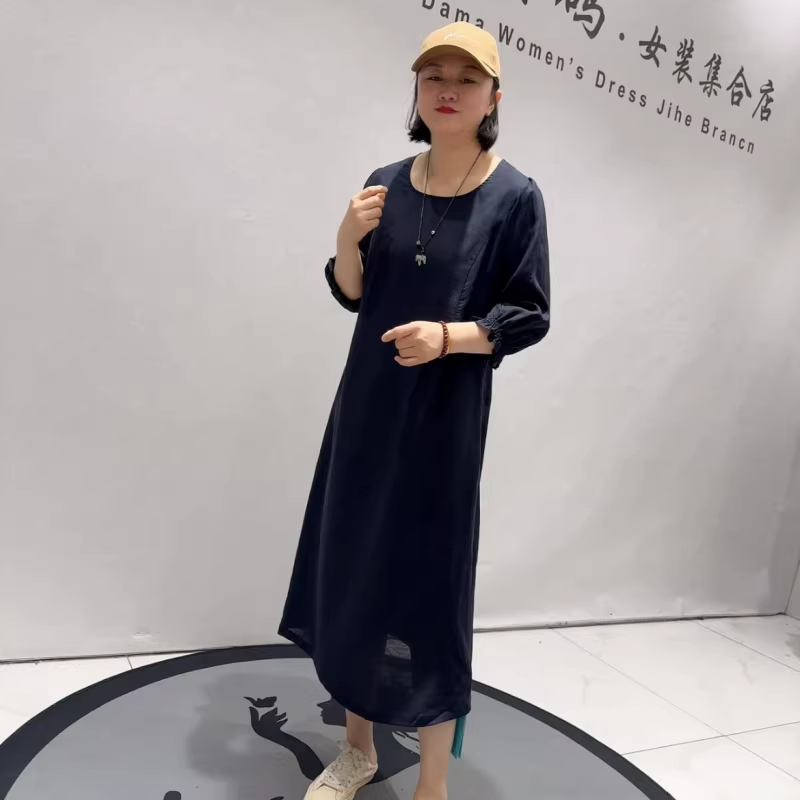 2186芮娜依莲蓝鲸之吻夏季新款麻料防晒长袖连衣裙加大码女装长裙