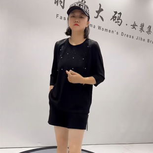 新款 衫 针丝缘子汇1802秋季 八分袖 减龄显瘦圆领气质上衣 加大码 女装