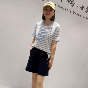 新款 加大码 针丝缘子汇2872夏季 条纹衫 女装 胖妹妹减龄显瘦百搭短袖