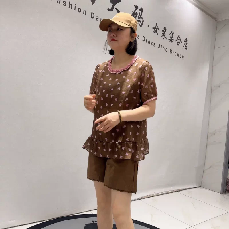 1919芮娜依莲夏季新款欧货麻料短袖衫加大码女装胖妹妹显瘦气质衫