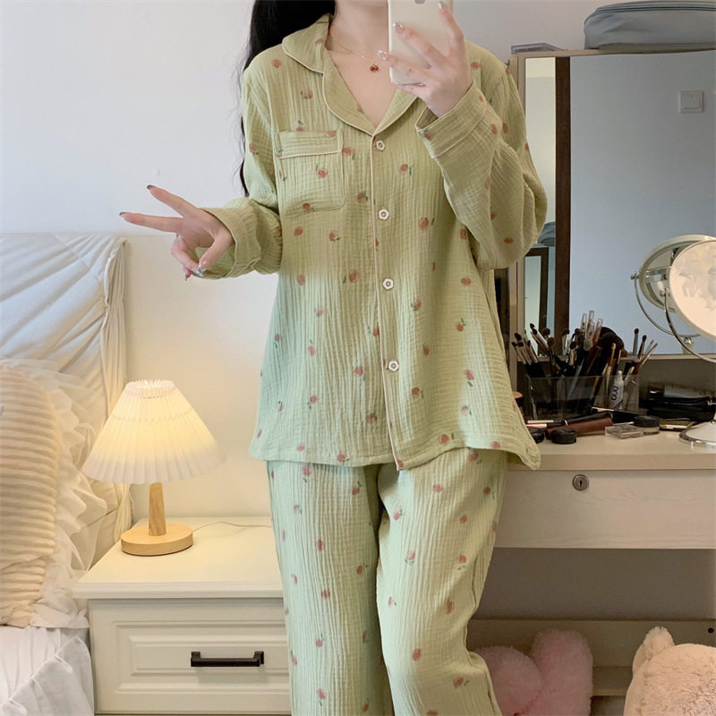 睡衣秋季女长袖开衫套装森系小清新抹茶绿泡泡绉布家居服