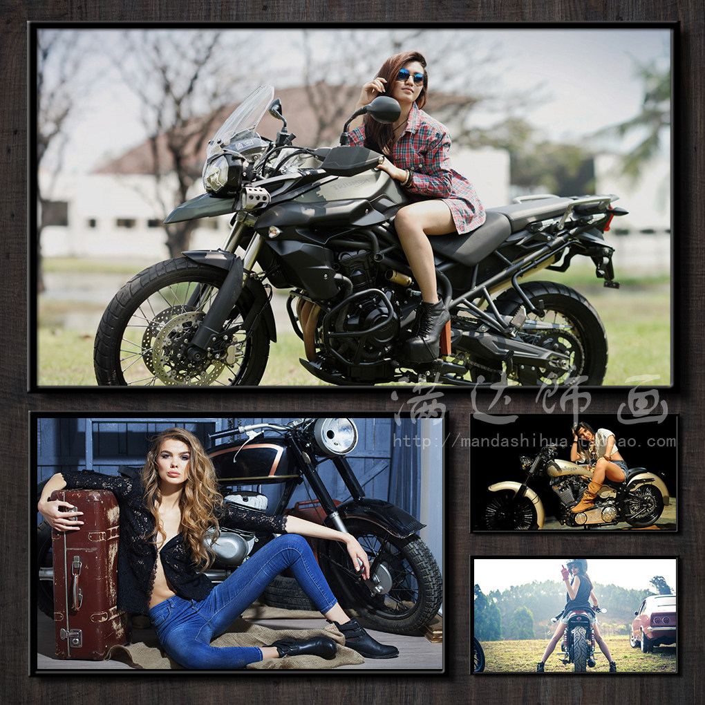 哈雷川崎机车美女壁画 复古酒吧ktv墙画摩托车4s店装饰画宿舍海报