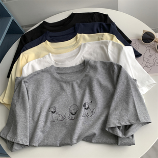 韩系卡通狗手工串珠短袖T全棉随性宽松显瘦减龄百搭上衣夏季新款