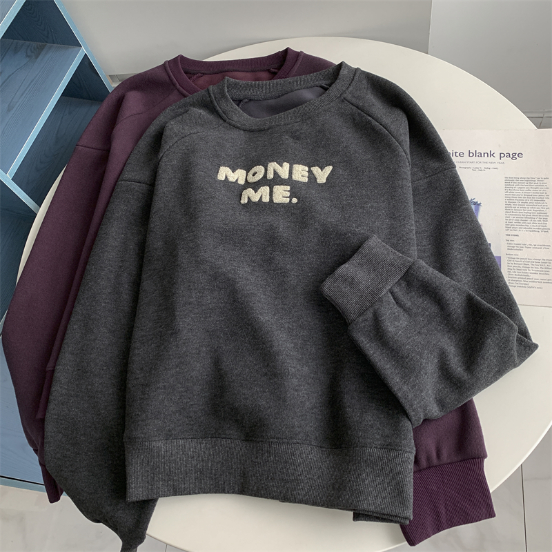 毛巾棉刺绣圆领卫衣女2025秋冬韩版宽松休闲无帽卫衣外套女