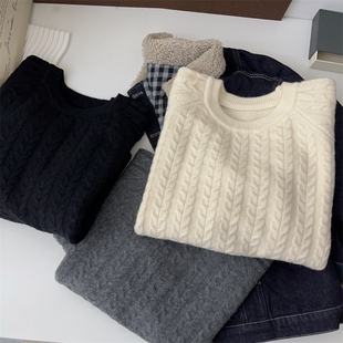 女时尚 小麻花圆领长袖 针织衫 复古秋冬新款 套头百搭上衣潮 毛衣法式