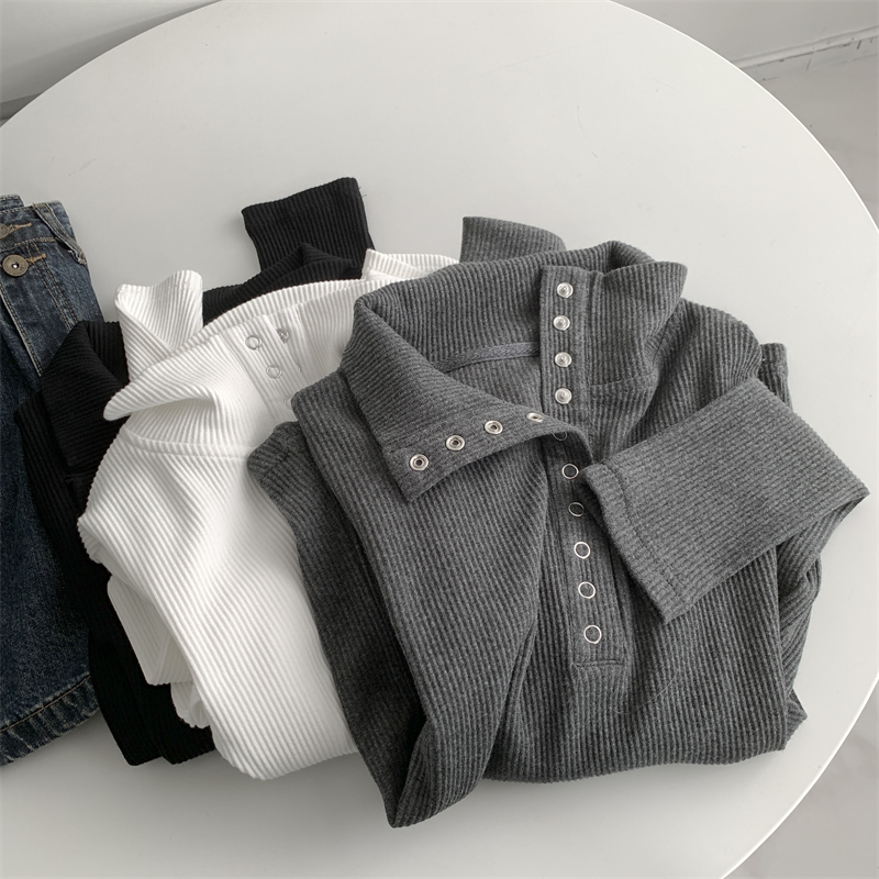 韩系辣妹翻领内搭纯色长袖打底设计感秋冬纽扣白色长袖T恤上衣女